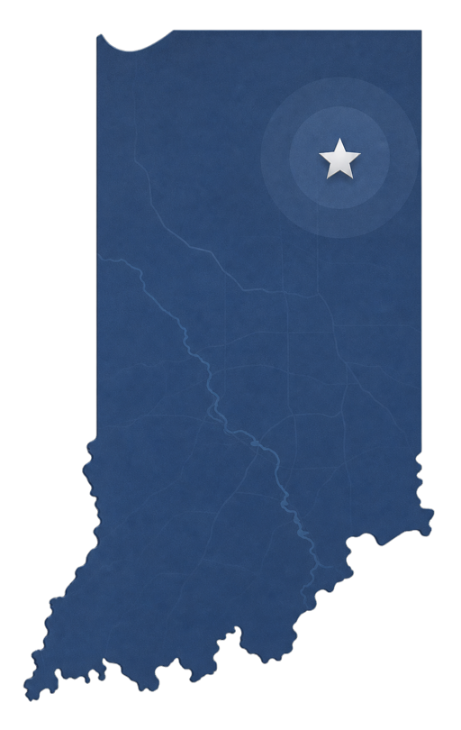 Indiana silhouette with a star marking Casper Contracting's Northeast Indiana service area
